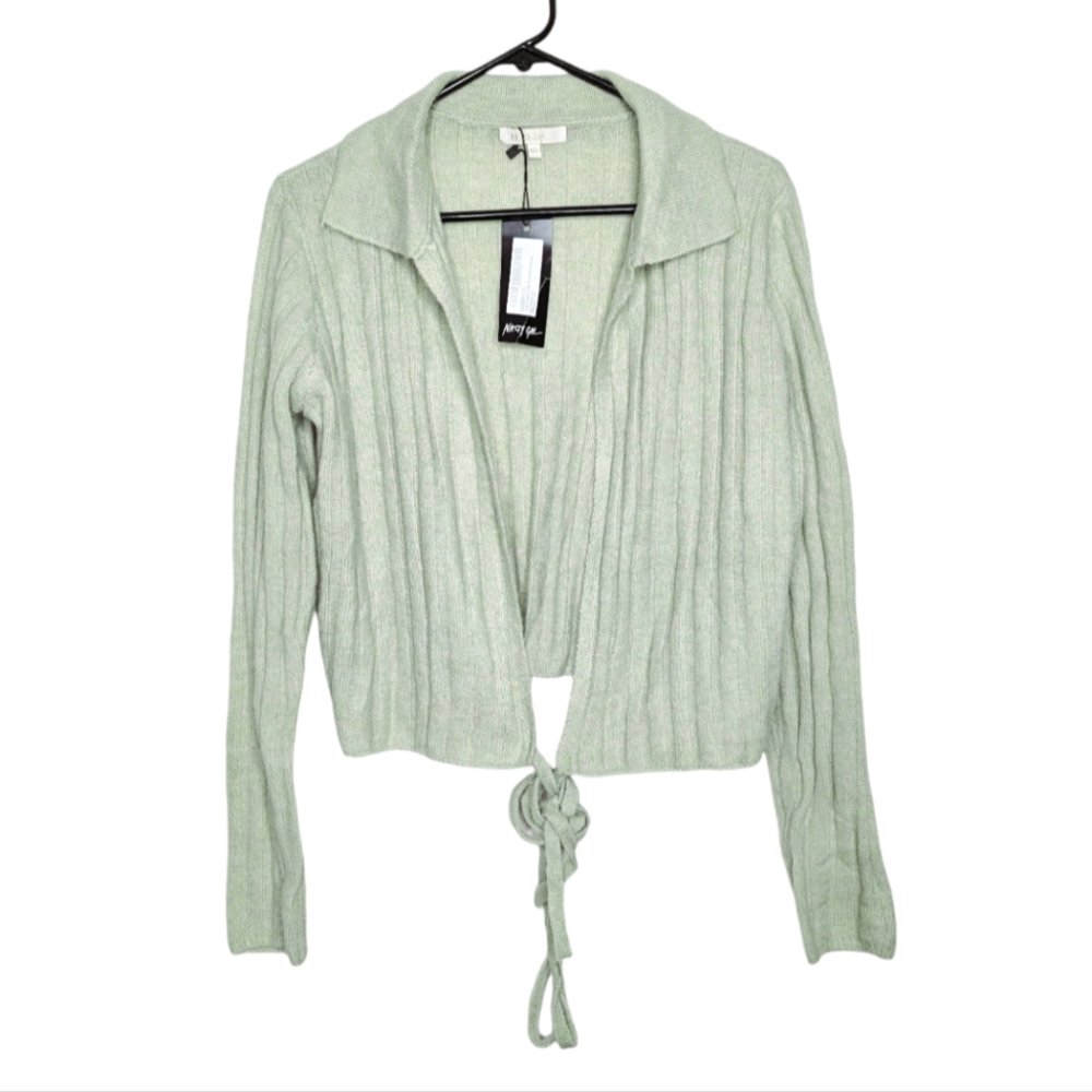Nasty Gal LuzaBelle Pistachio Wide Ribbed Tie Wool Knitted Sweater Size Med NWT
